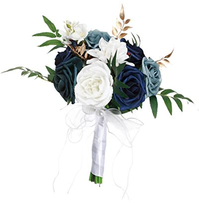 harayaa Ramo de Novia, Centro de Mesa de Flores para Boda, Flores Artificiales Elegantes para Aniversario, Despedida de Soltera, Suministros de Boda, Azul Blanco