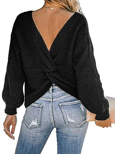 CUPSHE Damen Strickpullover Rundhals Langarm Twisted Rückenfrei Fledermausärmel Rippenstrick Pulli Oberteile Tops Knit Sweater
