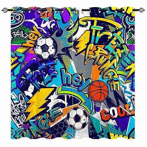 YUANZU Sport Vorhänge Kinder Jungen Neon Textur Fußball Ösen Gardinen mit Blickdichte Vorhang Kälteschutz Blackout Curtain Kinderzimmer Schlafzimmer Verdunkelung Fenster, 2 Stück, H 114 x B 132 cm