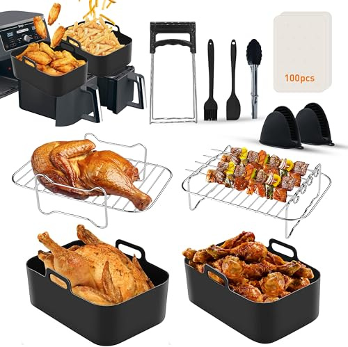 Air Fryer Accessories Set of 12 Pcs for Ninja Dual Air Fryer AF300UK AF400UK AF451UK Tower T17088 Other 7.6L-9.5L Dual Air Fryers, Silicone Liners, Racks & Gloves, Tongs & Brush, Clip & Paper Lining