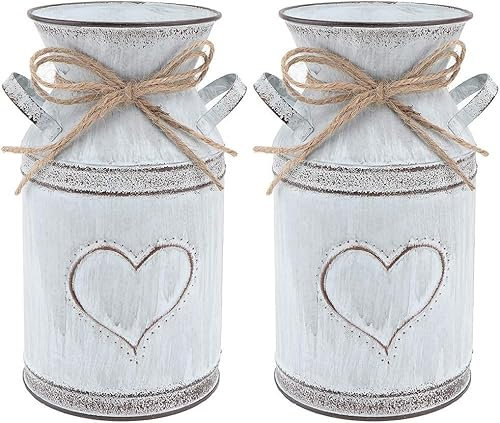 2pcs Shabby Chic Milk Can Galvanized Metal Vase Country Rustic Farmhouse Jug Vase Decorative Flower Holder for Home Decor,Silver 2
