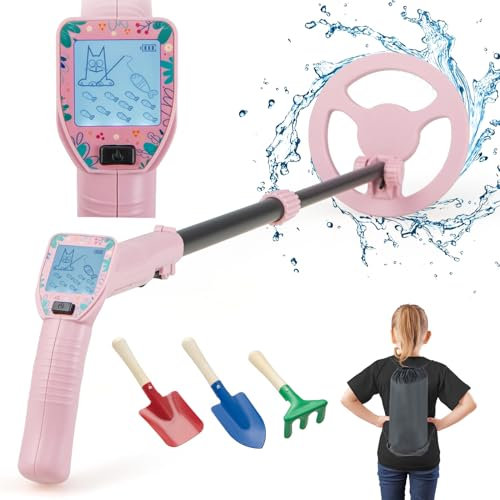 COSTWAY Metalldetektor für Kinder, leicher Gold Detektor 62-85 cm verstellbar mit LCD-Display & wasserdichter Suchspule, Metallsuchgerät für Jungen Mädchen(Rosa)