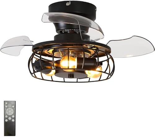 Dceinz Vintage Plafonnier Avec Ventilateur TéLéCommande Silencieux Industriel E26 Lampe Ventilateur Plafond 6 Vitesses Dc Smart Ceiling Fan With Light Salon Noir 3 Pales Pour Chambre, Cuisine, Noir