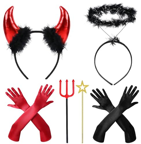 Halloween Teufel Kostüm für Damen und Mädchen - Accessoires Set Mit Haarreifen, Teufelshörner, Handschuhe, Heugabel und Zauberstab für Karneval, Fasching
