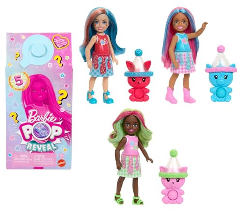 Barbie Pop Reveal Chelsea-Puppe, Shakes-Serie, mit 5 Überraschungen, darunter eine duftende kleine Puppe, Pop-it-Haustier und Farbwechsel (Stile können abweichen), JCN89