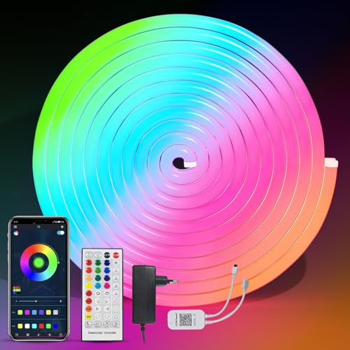 BRIMAX RGBIC LED Streifen Neon 10M App-Steuerung und Fernbedienung Mit 24V 2.5A Netzstecker 840 Leds DIY-Schneiderei Hochflexibel LED Strip IP67 Wasserdicht Musik-Modus für Räume, Partys, Geschäfte