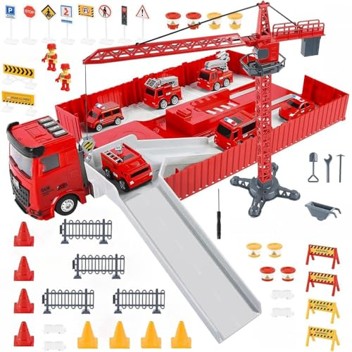 LioMaxi Camion Pompieri per Bambini, Veicoli da Cantiere, Veicolo Giocattolo da Trasporto con Musica e Luci, 6 Mini Camion Pompieri, Giocattolo Della Gru