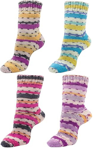 Strumpfwolle, 6fädig, Colorfarben, Sockenwolle Set 4x150gr Knaul, Premiumqualität, 375 m Lauflänge pro Knaul, Öko-Tex zertifiziert, Made in Europe, filzfrei -superwash (set fashion)