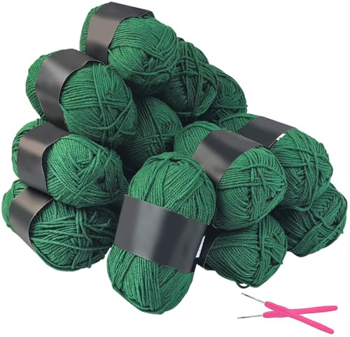 15-Packungen Acrylgarn-Knäuel mit Häkelhaken Uni Strickgarn aus 100% Polyacryl 50g/132m Grün