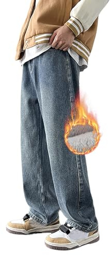 MASUCOR Fodrade Jeans Herr Varma Tjocka Termiska Hög Midja med Fleece Baggy Fit Termobyxor Vinter Breda Ben Långa Jeans Vinterjeans Stretch Termiska Jeans Streetwear(Blue,L)
