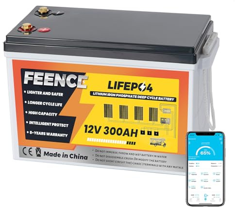 FEENCE 12V 300Ah Bluetooth LiFePO4 Batterie, 200A BMS Bluetooth Lithium Batterie 12v 300ah, bis zu 15000 Zyklen, Max.3840Wh Energie mit Low Temp Cut off, perfekt für RV, Solar, Trolling Motor
