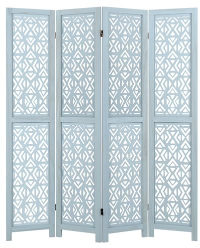 COSTWAY 4 Panel Folding Room Divider, Solid Paulownia Wood Wall Privacy Screen Protector with Carved Pattern, Boho Freestanding Room Partition Paravent Separator for Living Room Bedroom, 140x165cm