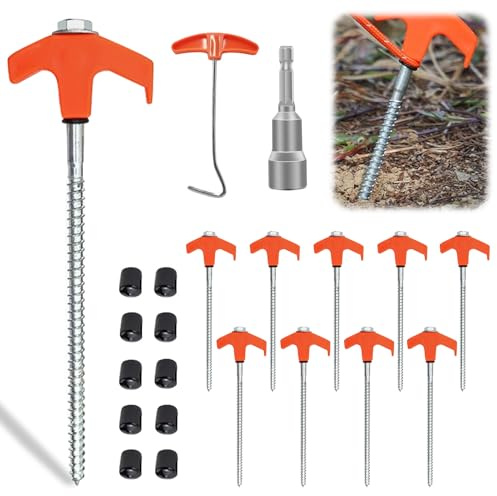 10 Stück Zeltheringe Schraube, 20cm Schraubheringe Camping, heringe erdnägel stabil, Zeltheringe zum Schrauben Sturmsicher, Heringe Camping mit Metallgewinde für harten Boden, Holz, Wald, Wiesen