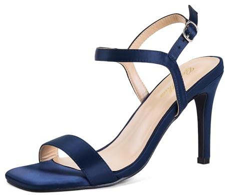 GENSHUO Sandali da Donna con Tacco, Punta Aperta Tacco Alto 8 cm, Sandali in Raso Scarpe Eleganti Estive Abito da Ballo per Feste Slingback con Cinturino alla Caviglia, raso blu navy, 40 EU