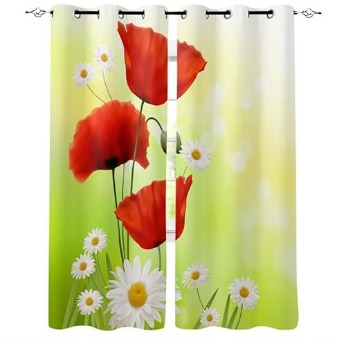 Rptidmv Vorhänge mit Ösen Mohnblume Vorhang Blickdicht Verdunklungsvorhänge Thermovorhang Schallschutz - Wohnzimmer Schlafzimmer Büro Deko Garten 2er Set -140 x 245 cm (B x H)