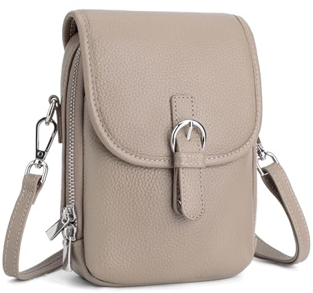 befen Echtleder Handytasche zum Umhängen Damen RFID-Blockierung Handy Umhängetasche Klein Leder Handytasche mit Geldbörse, Crossbody Bag mit Verstellbar Schultergurt und Schlüsselanhänger, Grau