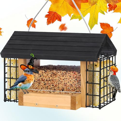 Gbekery Hopper Vogelfutterstation für draußen hängend, Vogelfutterhaus aus Holz mit Doppeltem Talgkäfig, 1,3 kg große Kapazität, Zedernholz Talg Futterspender mit wetterfestem Dach, Gartendekoration