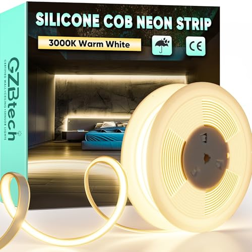 GZBtech AC 230V COB LED Streifen 10M, Silikon Warmweiss 3000K Wasserdicht 286LEDs/M Dimmbar Outdoor Neon Lichtleiste LED Strip Light für Schlafzimmer, Wand, Küche, Wohnzimmer,CE-zertifiziert