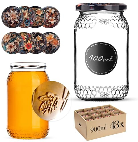 KADAX 48er Set Einmachgläser 900ml TO82 Lilien, Große Sturzgläser mit Schraubdeckel, Einkochgläser Fermentierglas für Gurken, Gemüse, Sauerteig