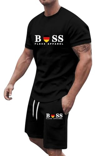 Mens Athletic 2 Piece Tracksuit Set Printed Shirt Top and Drawstring Waist Shorts Set Muscle Suits Casual Shirt und Pants mit Drawstring (Black,M)