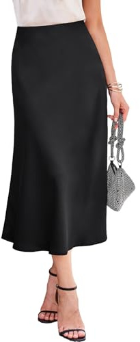 BAISHENGGT Damen Satin Rock Hohe Taille A Linie Elegant Midirock Sommerrock Business Party Skirt mit Reißverschluss Schwarz M