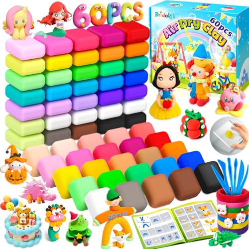 Bridokit Air Dry Clay, 60 Packs Air Modelling Clay for Kids with More White Magic Clay, Press Plate, Modelling Tools, Booklet, DIY Creative Craft Clay Kits for Kids, Soft Light and No-Sticky (1)