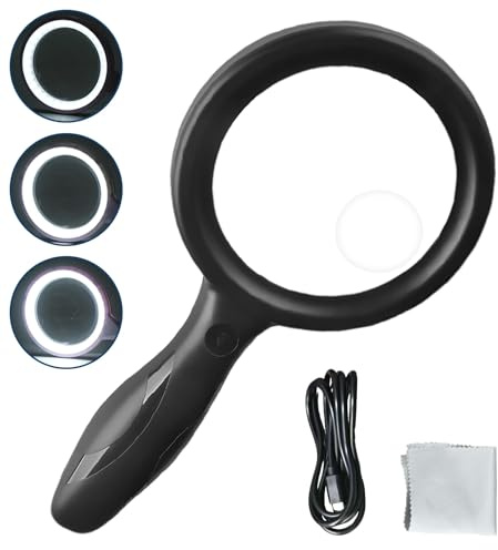 Lupe mit Licht, 30x 60x Leselupe mit lich Muttertagsgeschenk, 1200mAh Akku und 33 LED USB Handlupe 3 Modi Leselupe für Senioren, Kinder, Juwelier, Hobbies Briefmarken, Münzen (Schwarz)