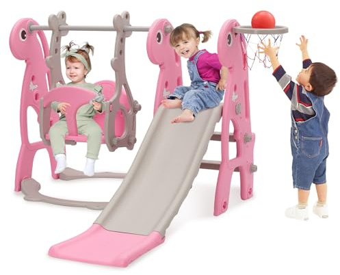 Kids Slide & Swing Set with Basketball Hoop, Height Adjustable Swing, Pink | Indoor Baby Slide Climber Freestanding Playset for Girls