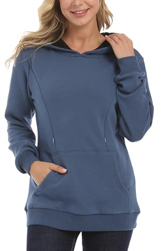 Happy Cherry Stillpullover mit Reißverschluss Fleece Umstandsshirt Langarm Mutterschaft Stillen Hoodie Stillkleidung Winter Blau M