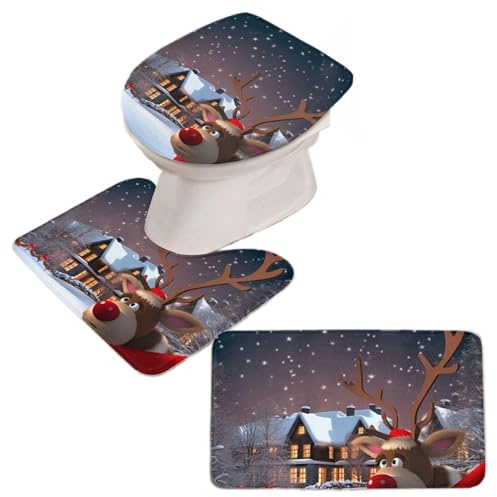 Ahuuen Weihnachts Badezimmer Teppich Set,WC-Sitzbezug Badezimmer-Vorleger | Cartoon Bodenmatte Für Festliche Weihnachtsdekoration