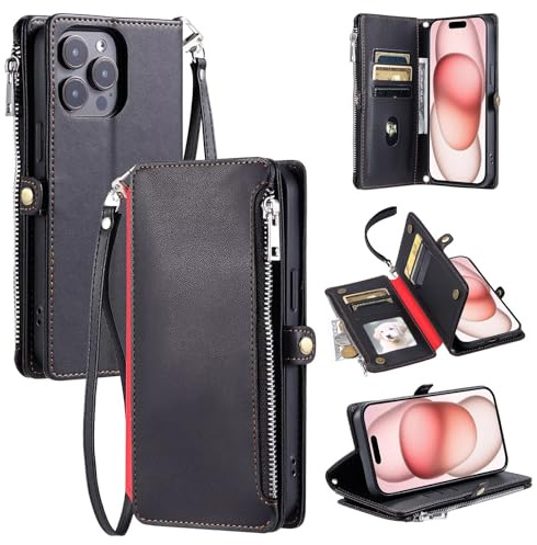 WOWUDI Funda para Moto E20/E40/E30,Billetera de Cuero PU con Ranuras para Tarjetas,Bolsillo con Cremallera,Correa de Muñeca y Bandolera, Funda Protectora -Negro