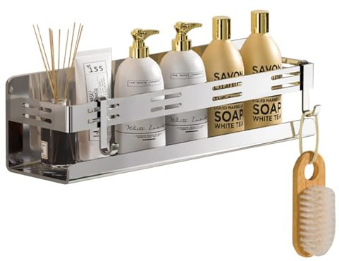 CALUCAB 20cm Duschregal Ohne Bohren Wandmontage Selbstklebende Duschkorb Ablage SUS304 Edelstahl Duschablage Küchenorganizer Zubehör mit 2 Haken für Badezimmer（Chrom）