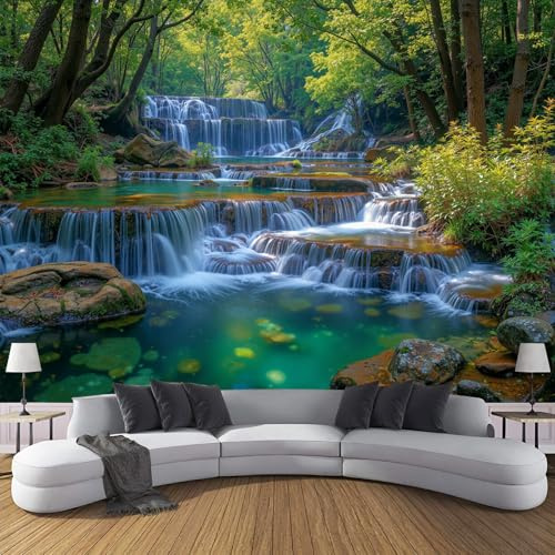 SMBHIAON Papier peint panoramique artistique 450×315 CM - Revêtement mural décoration chambre salon - Beauté Naturelle De La Forêt - Vert Forêt - Texture De Cascade Limpide