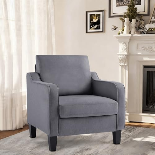XH.Easy Go Sillón de Acento Estilo Mid Century Moderno, Cojín Grueso de Tela de Lino, Silla Sofá Individual Cómoda para Salón, Dormitorio, Apartamento, Oficina (Espacios Pequeños)，Gris Oscuro