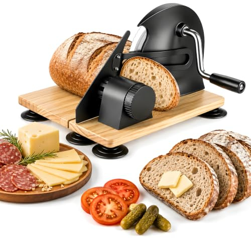 ASBRAVO Brotschneidemaschine Manuell Klappbar 420 Edelstahl | 6 Rutschfeste Saugnäpfe, 0-20mm Schnittstärke Einstellbar, Massivholz Klappgestell, Haushalt Und Gewerbe, Schwarz
