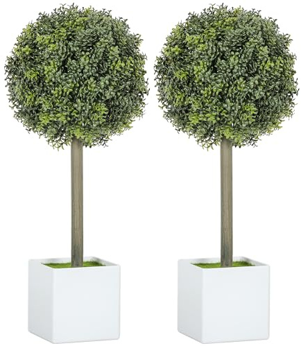 HOMCOM 2er Set Künstliche Buchsbaumkugeln 45cm Kunstpflanze UV-beständig | Wie Echt, Plastik Künstliche Pflanzen im Topf, Moderne Dekoration, Wohnzimmer, Schlafzimmer, Büro, Garten, Geschenk