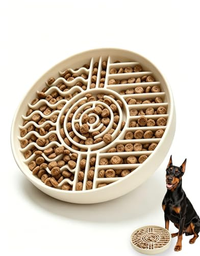 Slow Feeder Dog & Cat Bowl, Anti-Choking Silicone Food Bowl with Non-Slip Suction Cup Base, Dishwasher Safe, Slow Eating Design Reduces Bloat Anxiety, Ideal for Large to Small Dogs & Cats (Beige)