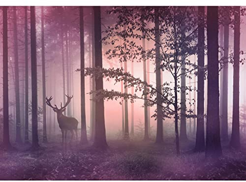 Runa Art Fototapete Wald Hirsch Nebel Modern Vlies Wohnzimmer Schlafzimmer - Made in Germany - 308 x 220 cm Rosa Violett 9338010b