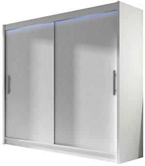 London I Penderie moderne à portes coulissantes, armoire pour chambre à coucher, 180 x 215 x 58 cm, avec éclairage LED RVB, blanche