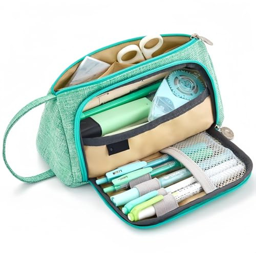 Ulalaza Große Kapazität Federmäppchen Make-up-Beutel Leinwand Aufbewahrungstasche Organizer Inhaber Bürobedarf (Style1-Green)