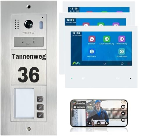 MATHFEL 2-Draht-Bus WLAN Video-Türsprechanlage, Personalisierte Außenstation inklusive Gravur - Komplettes Set für 3 Familienhäuser mit 7-Zoll-Monitoren