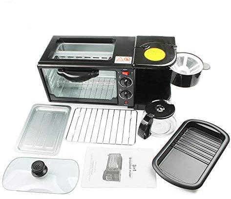 3 in 1 Macchina Prima Colazione, Multifunzione Macchina Per Il Caffè Di Frittura Padella Mini Forno Pane Per La Pizza Padella, Tempo E Temperatura Regolabili,Black