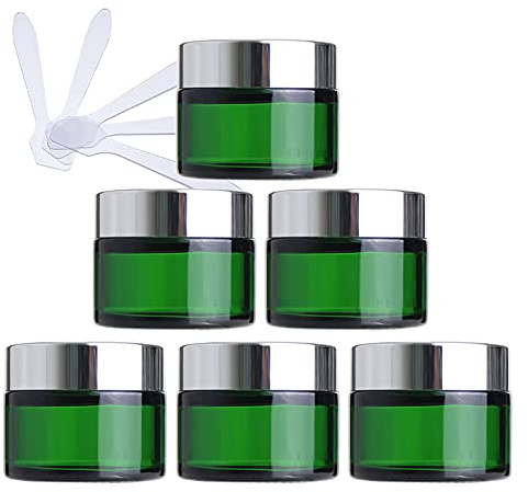 ZEOABSY 6 Stück Leere Grün Glas Cremedose 50ml mit Silber Schraubdeckel, Grünglas Schraubdose Glas-Tiegel Glas-Dose Salbentiegel Kosmetik-Dose für Gels Cremes + 6X Spatel