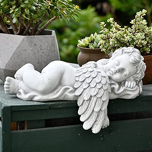 WABMJGW Weißer Amor Engel Figur Ornament, Niedlicher schlafender Engel Garten Harz Ornament, Retro Figur Statue Dekorativer europäischer Stil für Balkon im Freien,White
