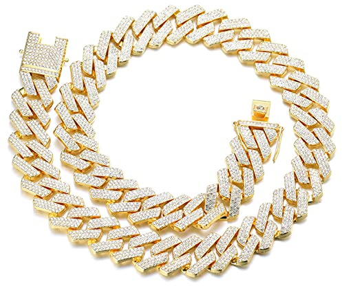 Halukakah Diamant-Gold-Kette für Männer Iced Out, 20MM Rhombus Blitz Drei Reihen Diamanten 18k Echtgold Plattiert/Platin Weißgold Finish Halskette, Voll Cz Diamond Cut Prong Set, Geschenk für Ihn