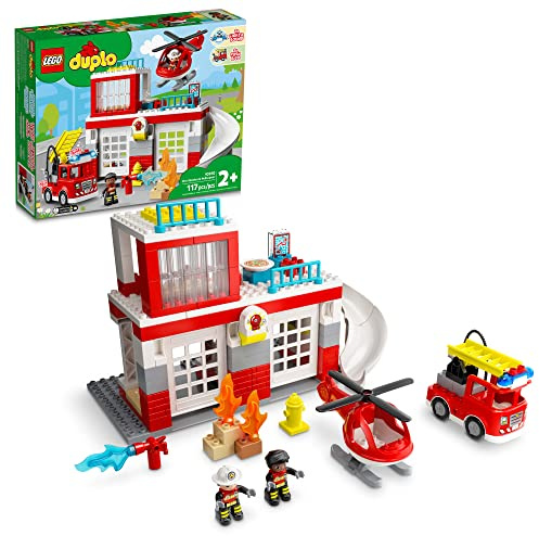 LEGO DUPLO - Estación de bomberos y helicóptero 10970, con juguete de camión Push & Go para niños pequeños, niños y niñas de 2 años más de edad, ladrillos grandes juguetes educativos de aprendizaje