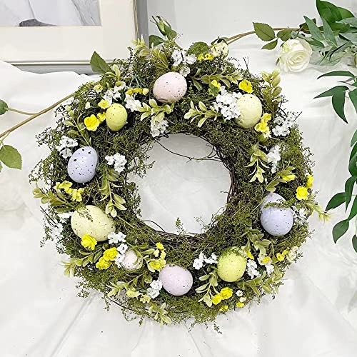JIAJIAYI Easter Wreath,Egg Easter Door Decor Wreath with Flowers,Artificial Spring Easter Wreath with Mixed Flowers, Twigs and Pastel Eggs for Easter Holiday Home Wall Decorations