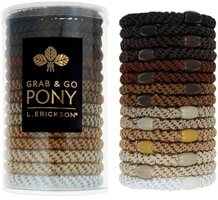 Brown and Beige Hair Ties for Thick Hair, Grab & Go Pony Tube, 15 Pack, Camelback, Thick No-Crease Bands with Strong Hold, Damage-Free Design, Warm Earthy Neutrals | L. Erickson