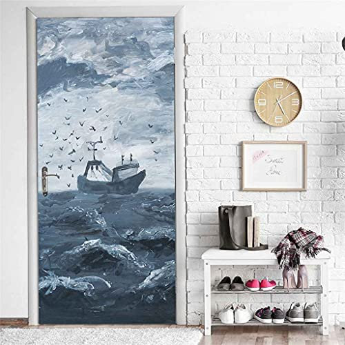 CBWRAW Türaufkleber Türfolie 3D Poster Blaue Ozeanwellenlandschaft Tapete Fototapete Selbstklebendes PVC Wasserdicht Abnehmbare Wandbilder Türbild Für Schlafzimmer Wohnzimmer Küche Dekor 90x200cm