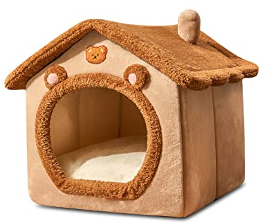 Galatée Lit De Grotte pour Chat, Lit De Chien Lavable, Maison De Chat Chaude Et Confortable, Maison De Chat Confortable Pliable, Lit De Chien avec Coussin Amovible(M, Marron)